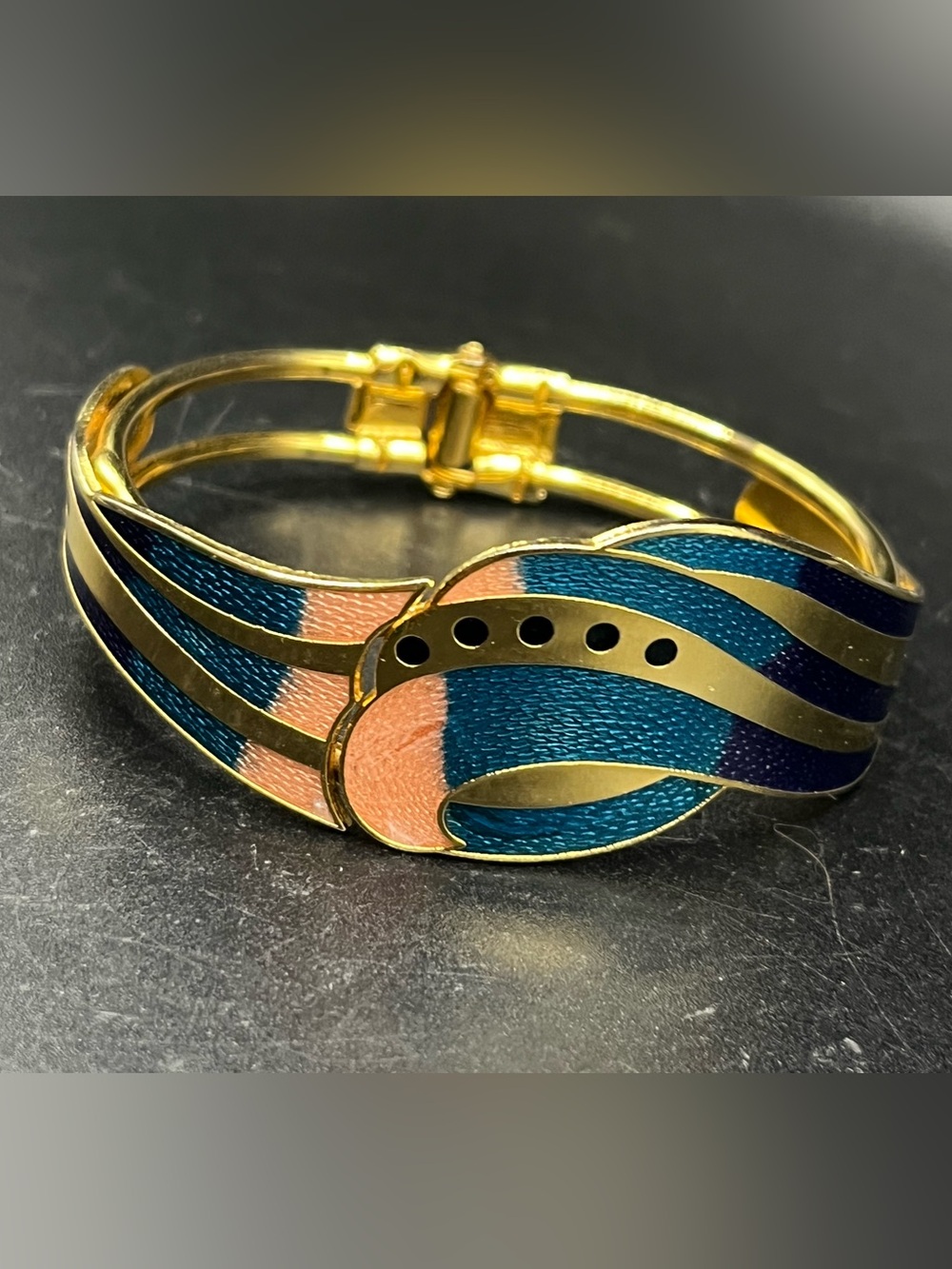 Gold-Tone Blue, purple and Pink Enamel Clamper Bracelet
